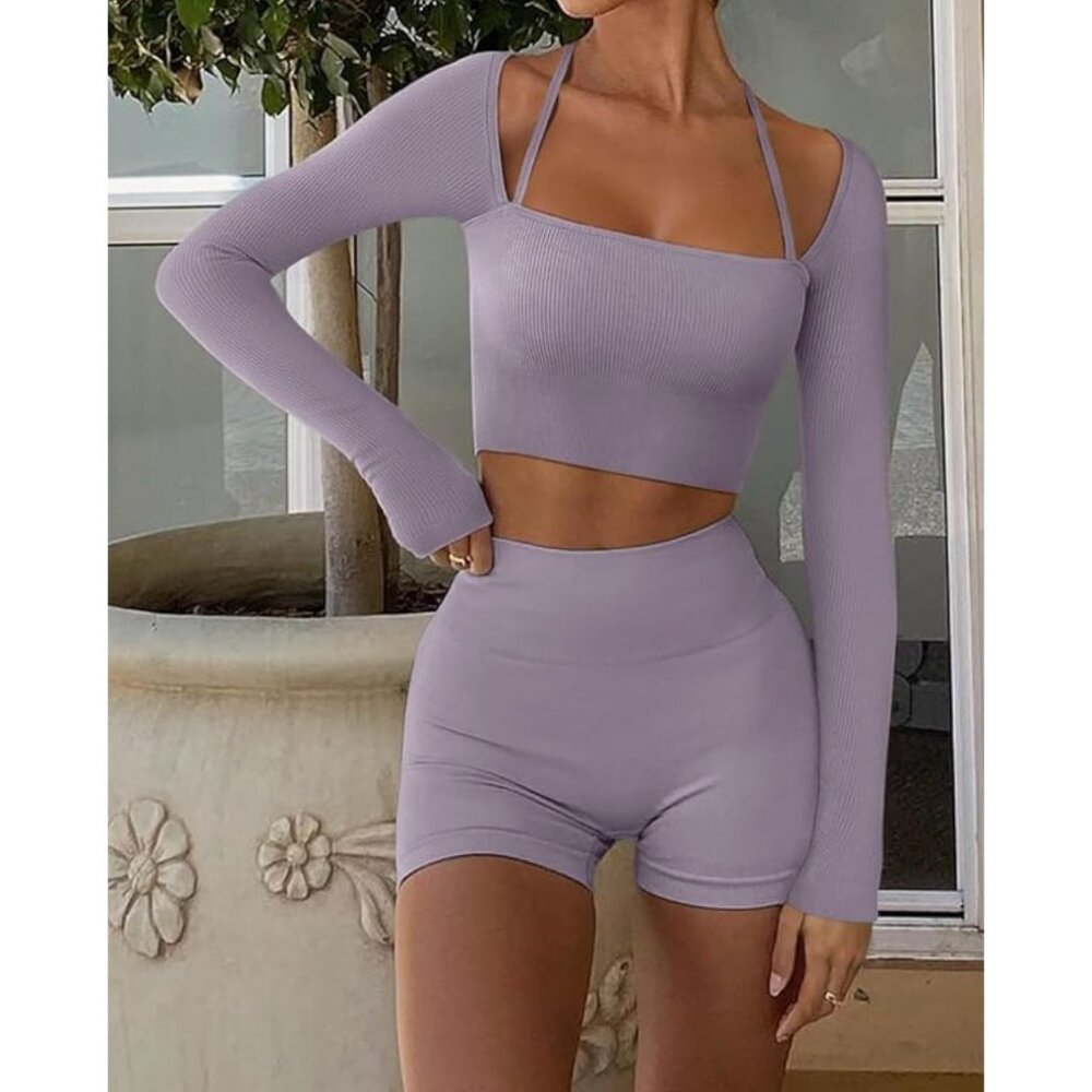 Womens Square Neck Crop Top Ribbed Seamless Long Sleeve Workout Tops Small Lilac